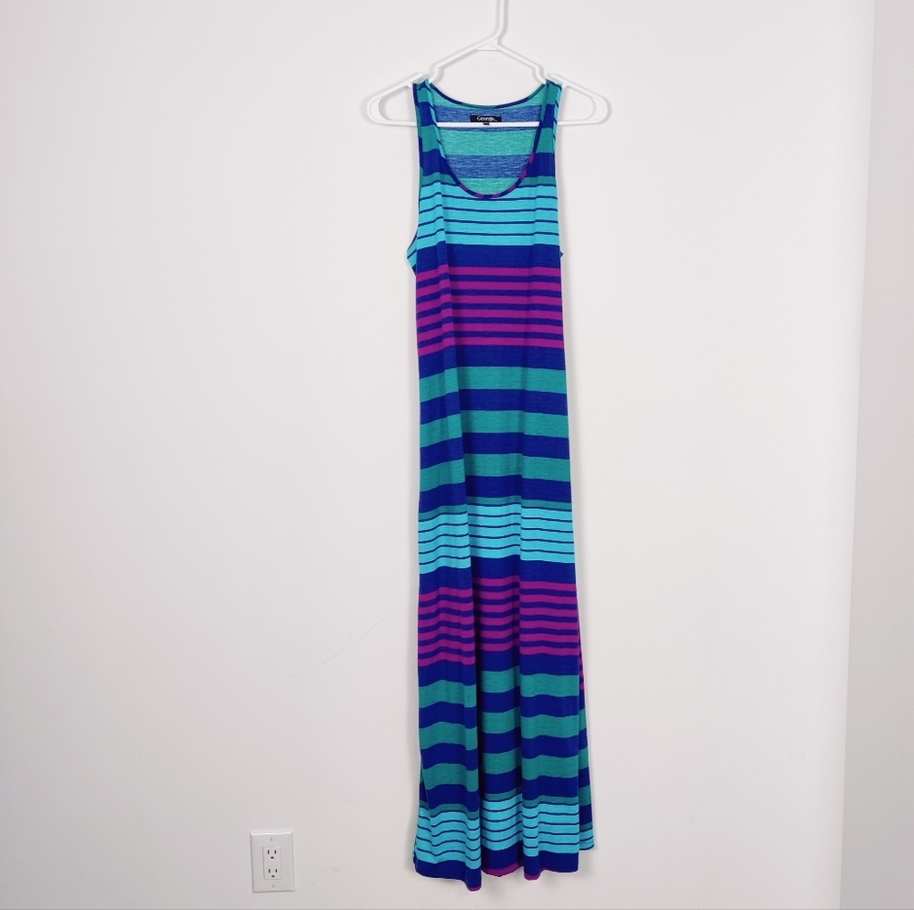 George Women's Striped Maxi Slip Dress in Blue Purple Size Medium Retro Bodycon